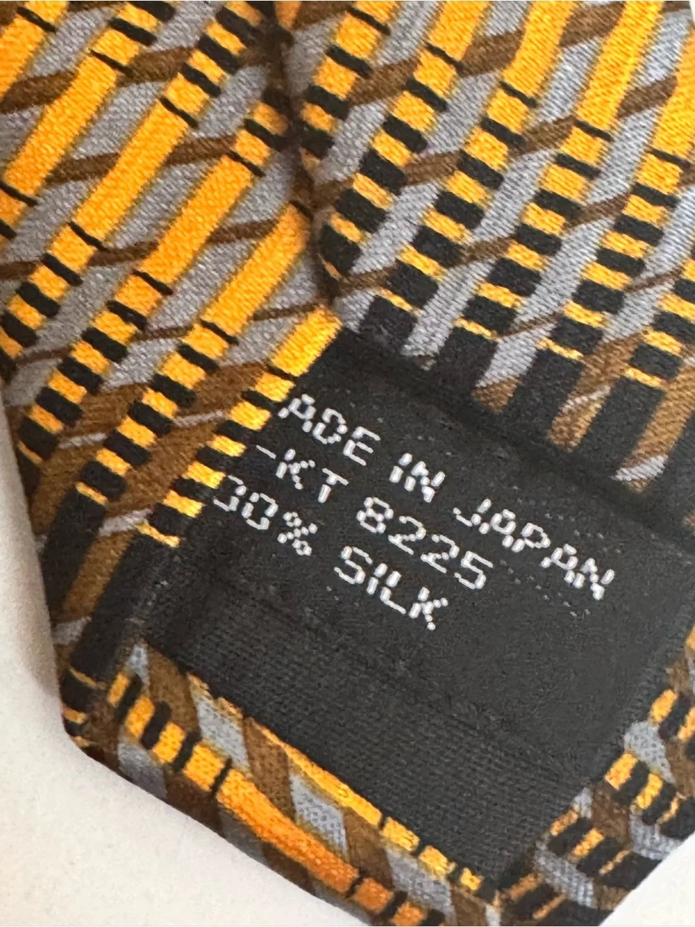 JHANE BARNES Mens 100% Silk Necktie JAPAN Designer Geometric Gold/Brown/Blue EUC